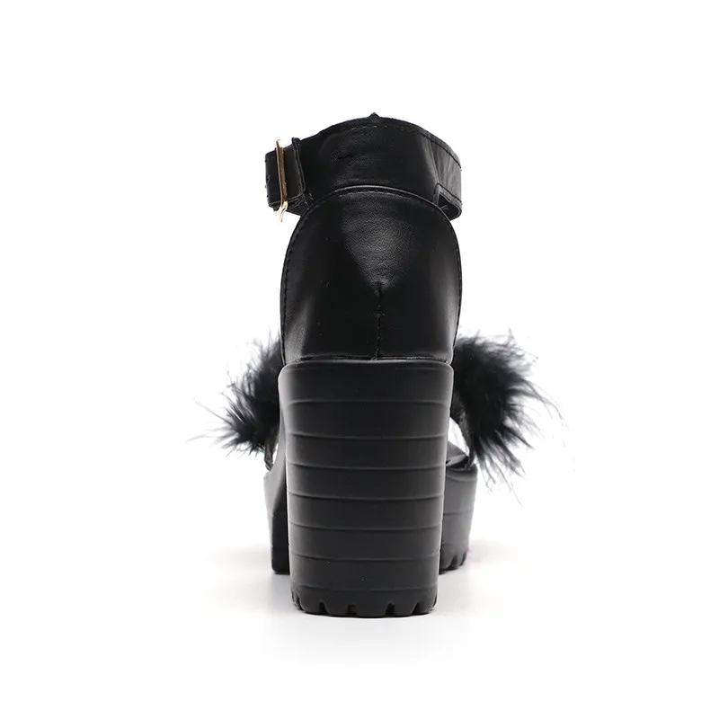 Woman Furry Sandals High Heels with Fur Female Platform Pumps Women Ankle Strap Women's Wedge Shoes sandalias mujer 2020