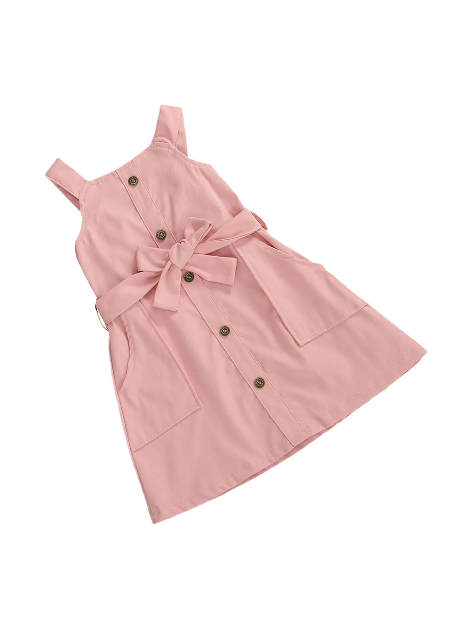 

Little Girls Sling Dress Summer Fashion Casual Leather Pink Lace Up Button Down Dress Solid Color