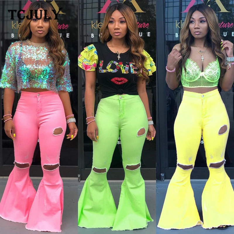 TCJULY Лидер продаж однотонные рваные расклешенные джинсы для женщин обтягивающие