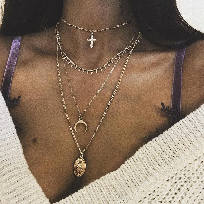 Женское многослойное ожерелье Tocona Boho золотистого цвета с рожками крест