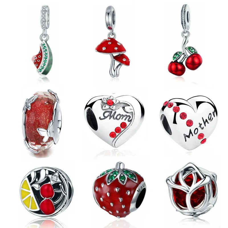 Fit Pandora браслет 925 серебро подарок матери сердце фруктовые бусины DIY S925 Любовь Мама арбуз амулеты "Клубника"