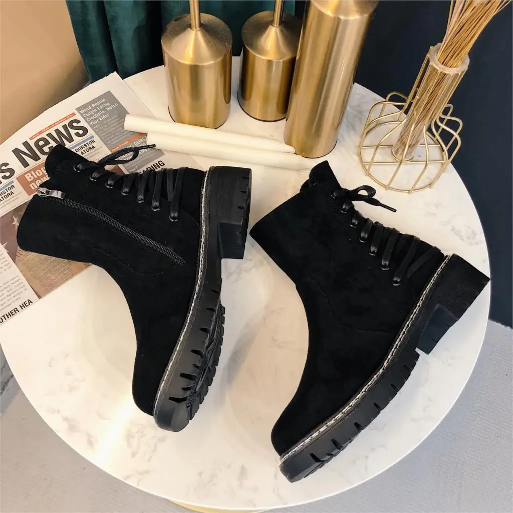 Модные ботинки со шнуровкой сзади Femme Новинка 2019 года Зимние Замшевые Кожаные