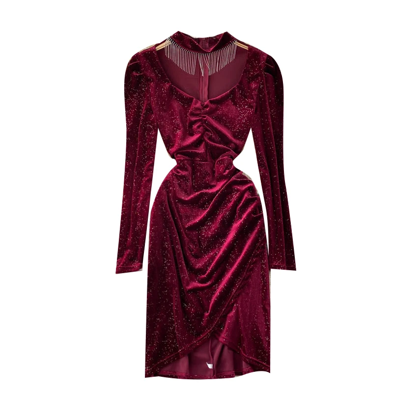 

Lady New Fashion Bling Shiny Velvet Dress Women's Autumn and Winter Pleated Slim Long Sleeve Package Hip Vestido De Mujer J100