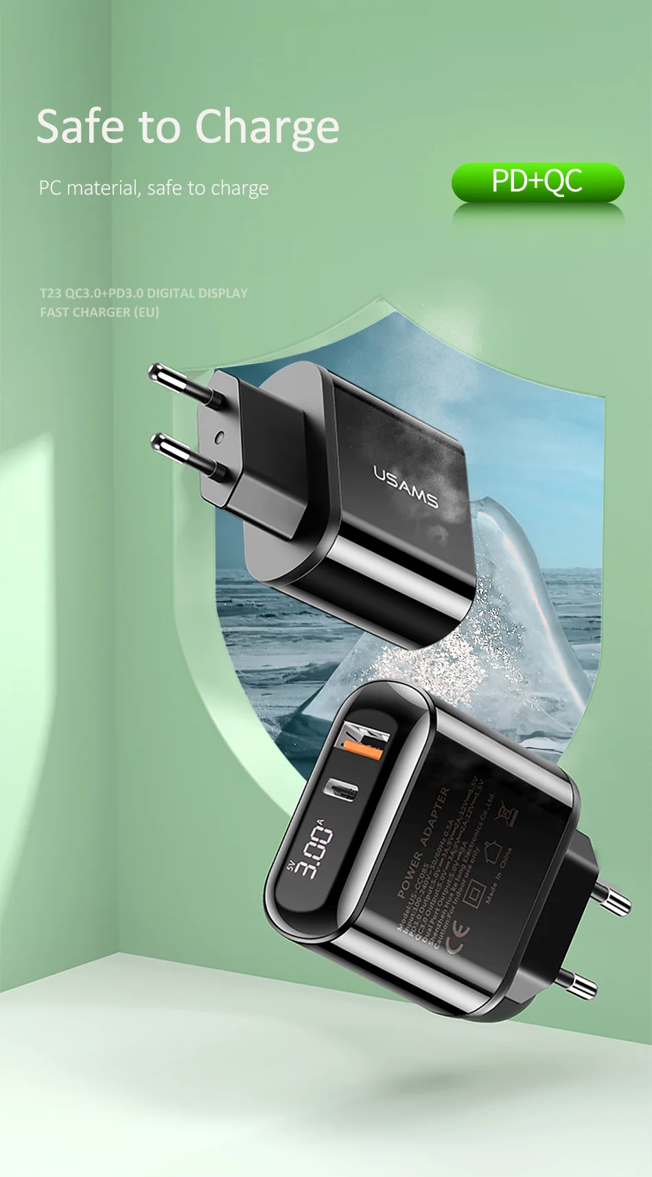 USAMS Quick Charge 3,0 USB зарядное устройство светодиодный дисплей 18 Вт QC3.0 PD 3,0 быстрое зарядное устройство для iPhone iPad Pro двойные порты, для мобильных телефонов зарядное устройство