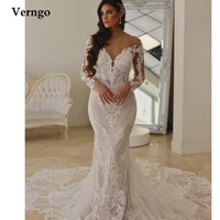 verngo elegant lace applique mermaid wedding dresses sheer neck long sleeves open back tiered tail long bridal gowns vestidos