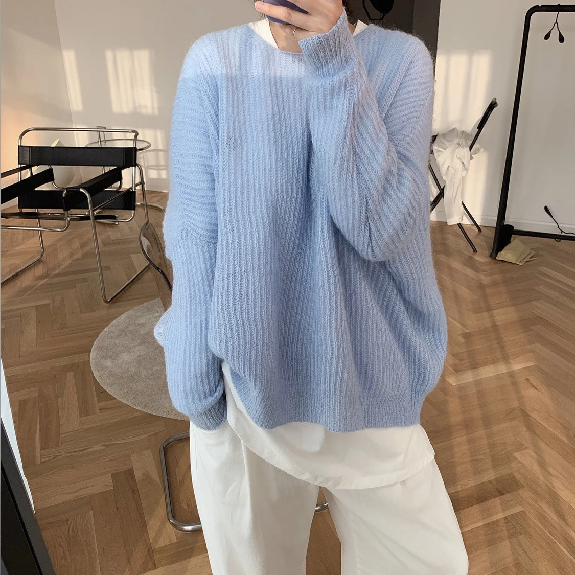 

Comfortable Casual Autumn Mohair Solid O-Neck Sweater Loose and Versatile Net Red Knitted Top Pullovers for Women