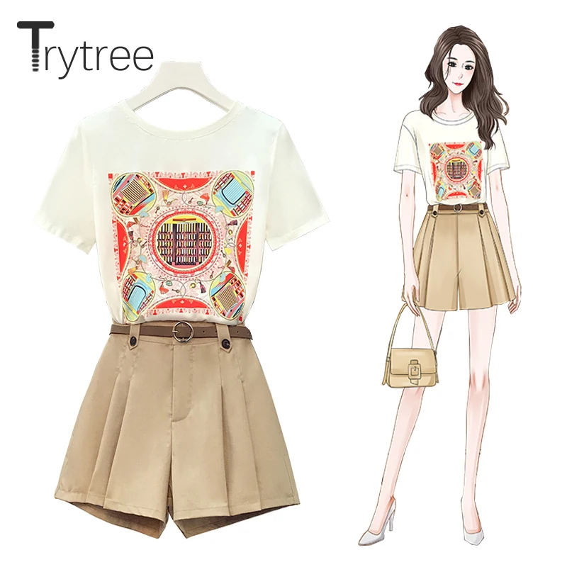 

Trytree 2021 Summer Women Two Piece Set Casual Cotton Printed O-neck T-shirt + Wide Leg Shorts Belt Office Lady 2 Piece Suit