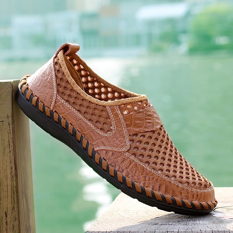 Новые летние мужские повседневные туфли из натуральной кожи удобные дышащие