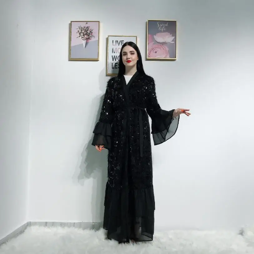 2 Мода Дубай блёстки Абая для женщин роскошное мусульманское Макси caftan открытое переднее арабское турецкое исламское платье Абая Дамская одежда - Цвет: 2