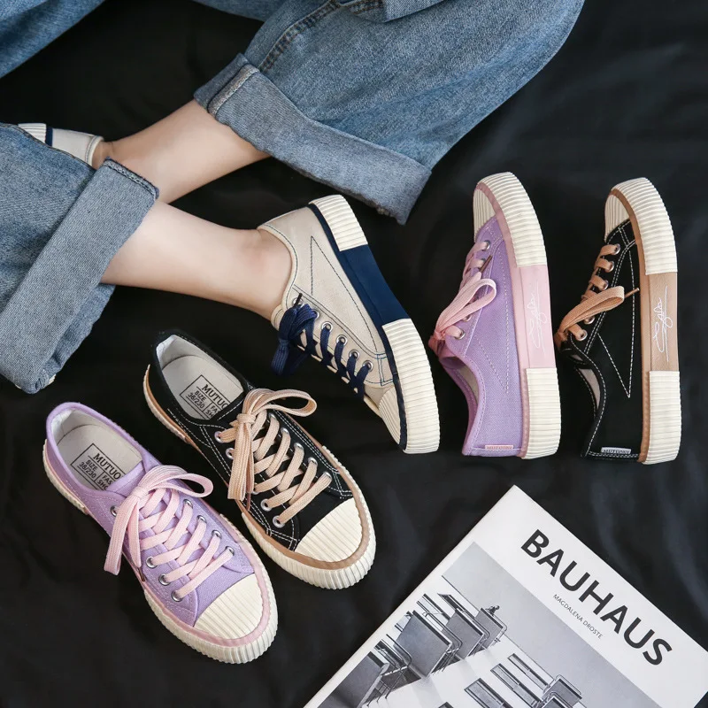 

Fashion Canvas Flat Shoes Women Casual 2021 Students Sneakers Ladies Lace Up Platform Flats Sewing Comfort Female Footwear New
