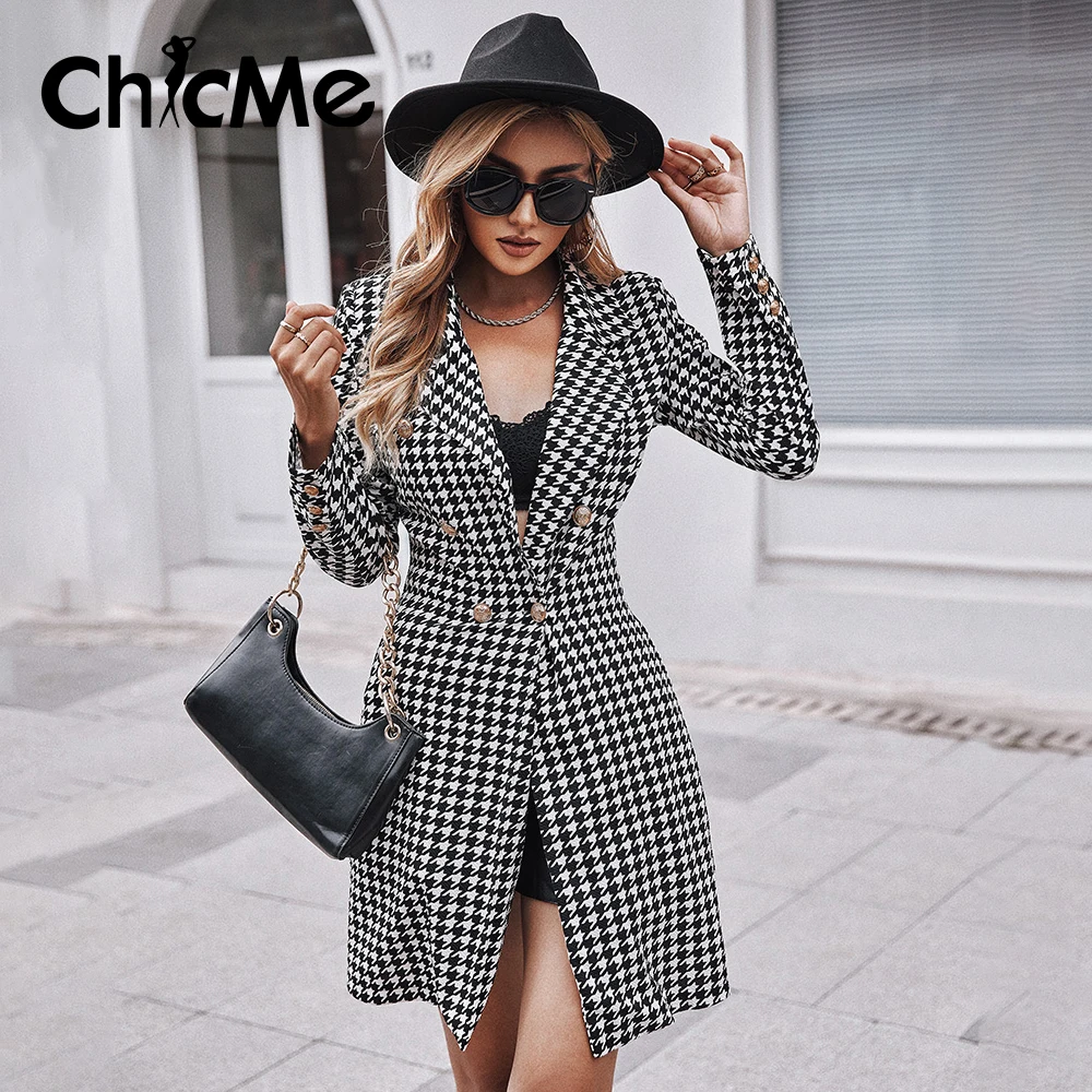 

Chicme Women Houndstooth Print Long Sleeve Pea Long Coat Casual Winter Clothes for Women Double Breasted Slim Waist Coat