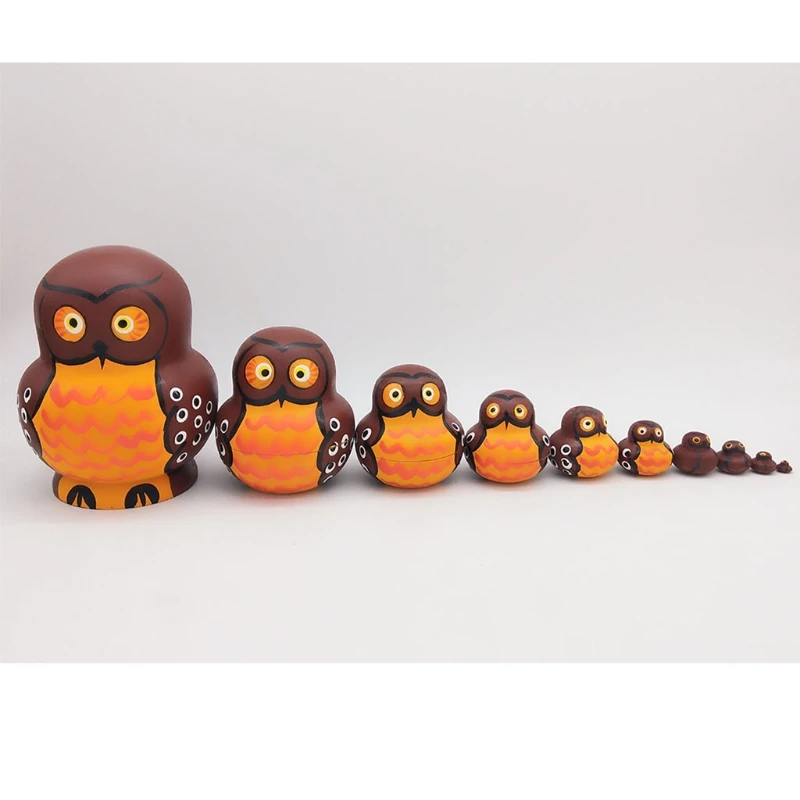 

10pcs Cute Cartoon Big Belly Shape Brown Owl Wooden Russia Nesting Dolls Matryoshka for Kids Children Birthday Gift