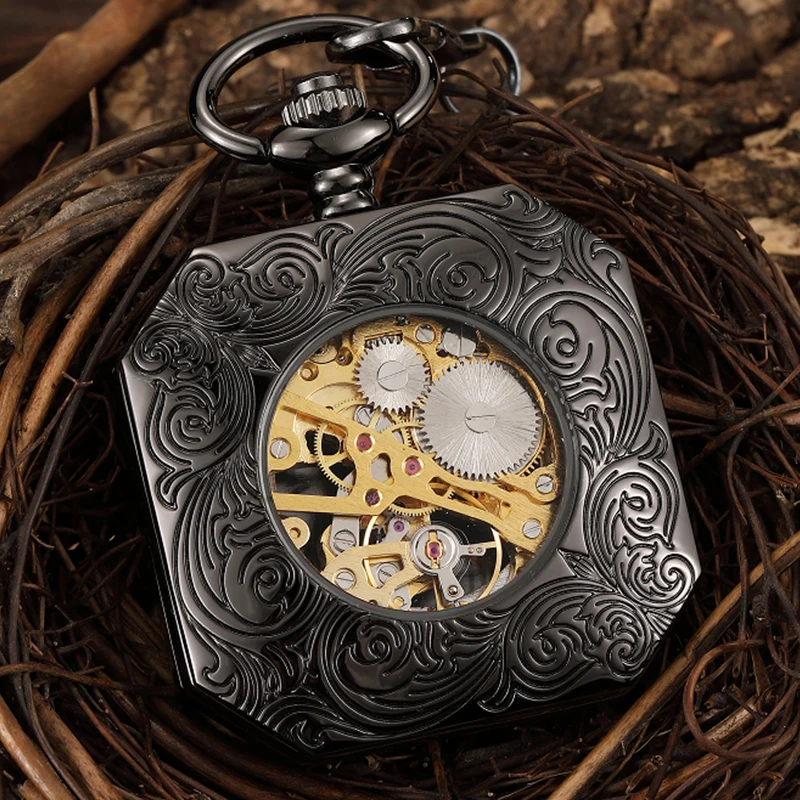 Mechanical Pocket Watch Antique Skeleton Dial Fob Chain Full Black Dragon Kirin Hanging Clock with Gift Box for Men Dropshipping