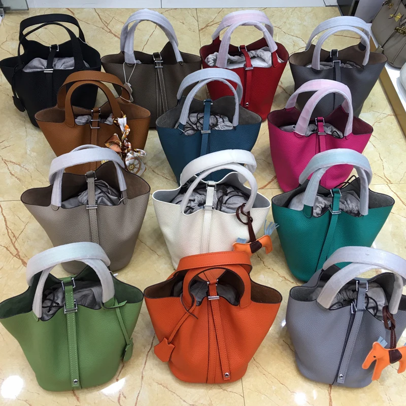 

Leather vegetable basket female handbag picture mother H the same soft leather casual first layer wine bucket Korean version