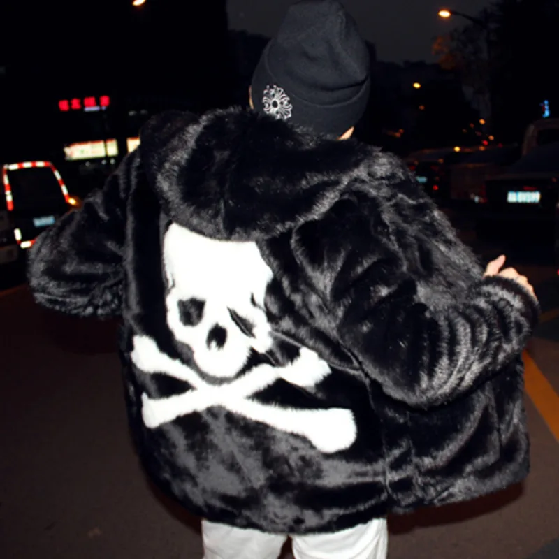 

Зимняя утепленная куртка с капюшоном с черепом, кожаная мужская повседневная куртка из искусственного меха, пальто с принтом демона, дьявол...