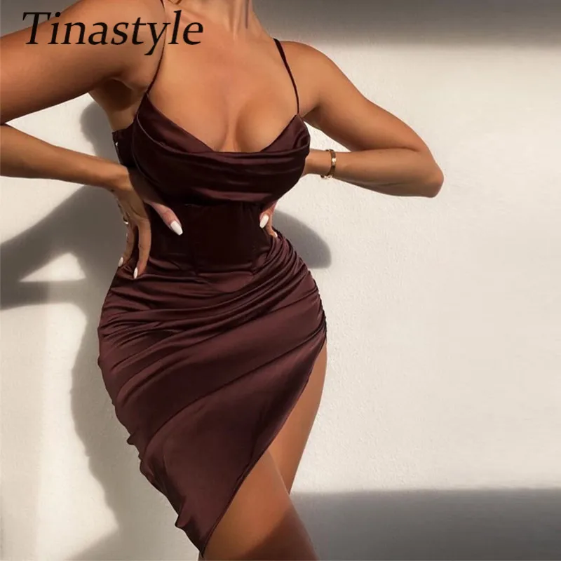 

Женское атласное вечернее платье Tinastyle, коричневое облегающее платье миди на бретелях-спагетти с высоким разрезом и рюшами, элегантное асим...
