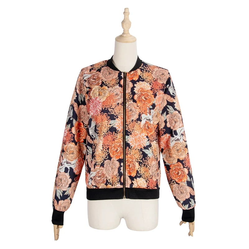 

Autumn Winter Floral Print Zipper Coat Pocket Long Sleeve Women Jacket Streetwear Casual Ladies Coats Outerwear