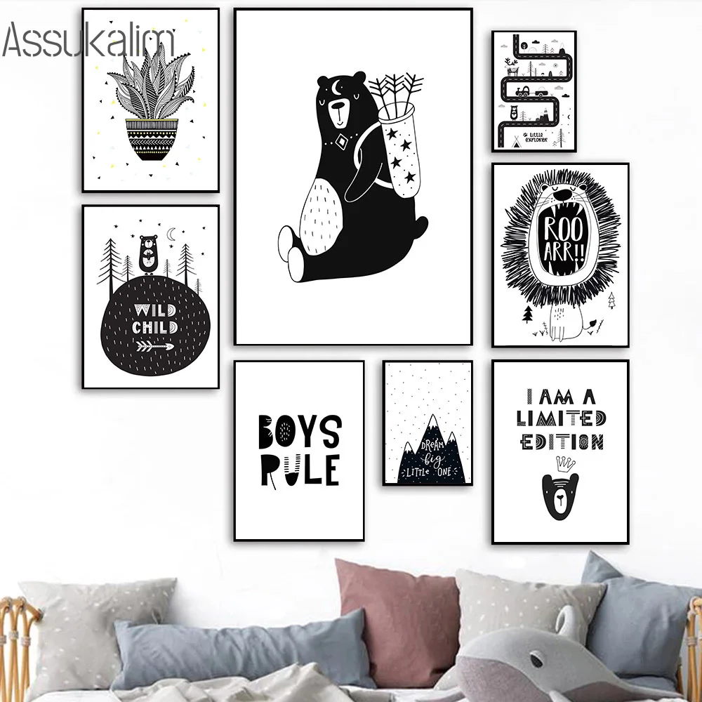 

Black And White Poster Nursery Canvas Painting Animals Bear Wall Art Print Nordic Posters And Prints Boys Bedroom Decoration