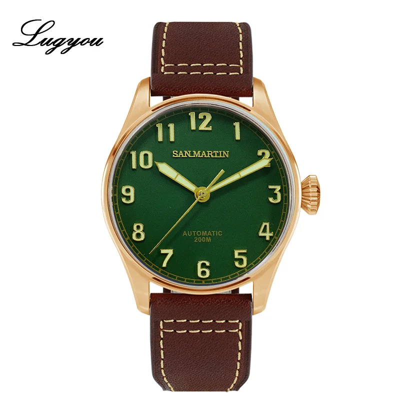 Green SW200 LugyouSan Martin Ограниченная серия, Автоматические Мужские часы-пилот, мужские часы, Япония, оловянная бронза, скелет, задняя часть, Sunray SLN C3, светящиеся кожаные индексы - Цвет: Green SW200