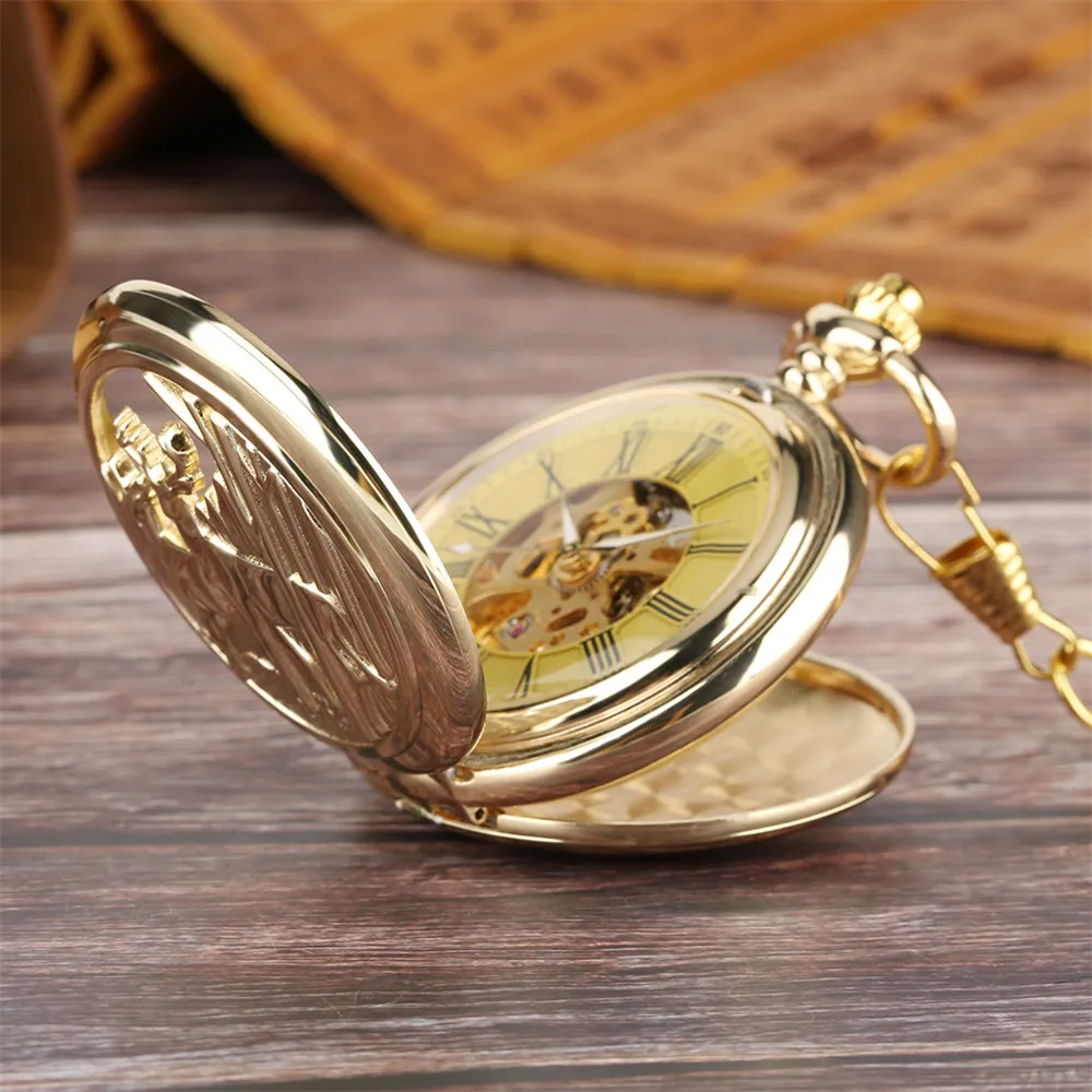 Golden Elk Mechanical Pocket Watch Roman Numerals Dial Double Open Face Pendant Manual Mechanism Fob Chain Timepiece Male Gifts