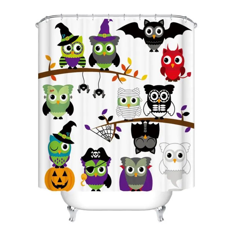 

3D Digital Printing Shower Curtain Bathroom Floor Mat Base Mat Toilet Mat Combination Set Halloween Owl Collection Pattern