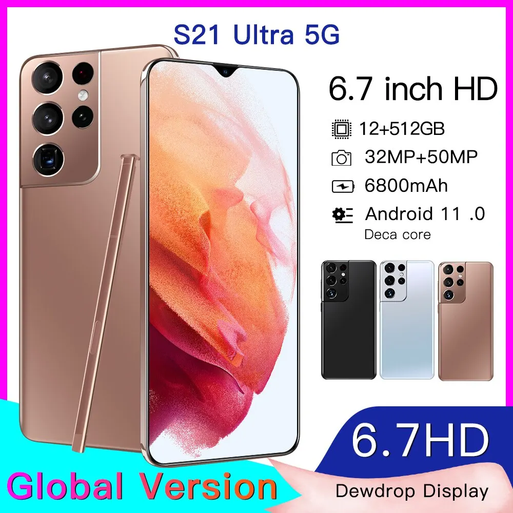 

S21 Ultra Smartphone 10 Core 6.7 Inch 1440*3200 5g Network 12+512gb 32mp 50mp Android 11 Face Id Cell Phones
