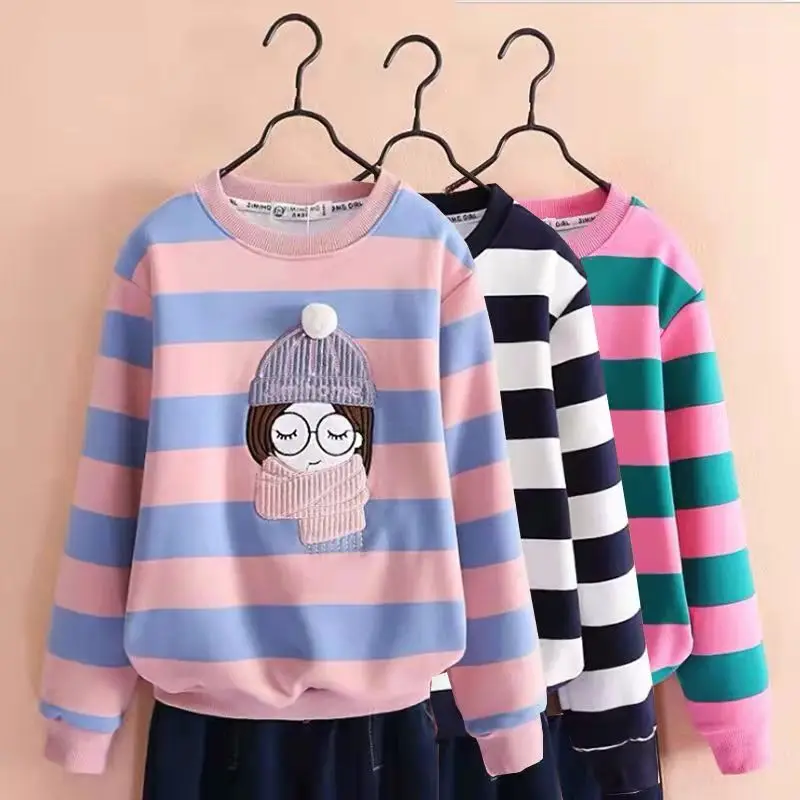 Sweatshirt for Girls Winter Fleece Thicken Kids Pullover Tops Casual Stripe Teenager Children's Clothing School Girl Outerwear