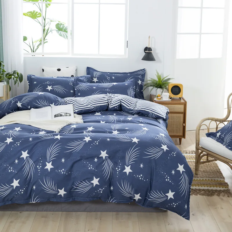 

4pcs Bed Set Aloe Cotton Soft Sanding Bedding Set No Shrinkage No Fading Out Quilt Cover Bed Flat Sheet Pillowcase