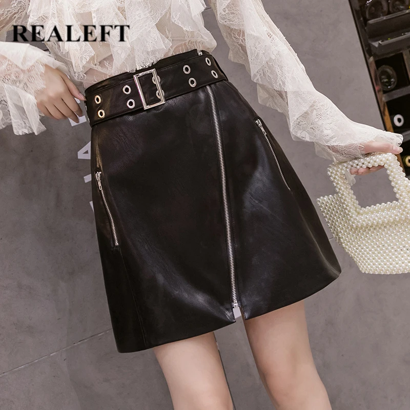 

REALEFT 2020 New Autumn Winter PU Leather A-Line Women's Skirts with Belt High Waist Zipper Chic Sheath Wrap Mini Skirts Female