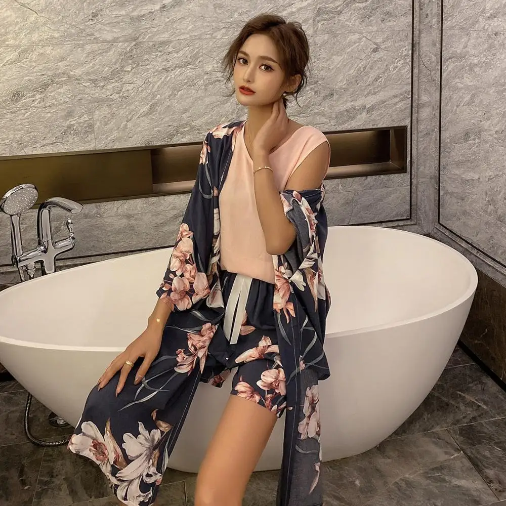 

4 Piece Spring Summer Women Pajamas Sets Floral Printed Viscose Robe Top and Shorts Female Sleepwear Night Suit
