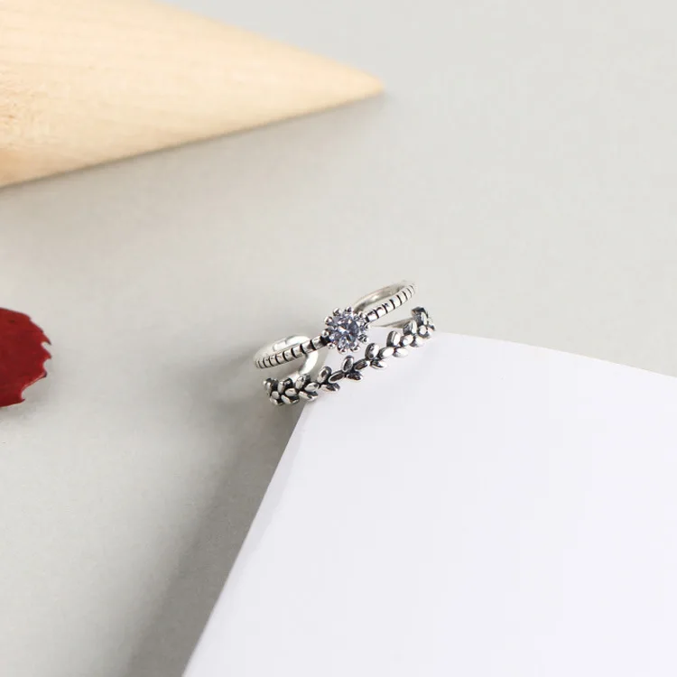 

Fashion Simple S925 Sterling Silver Retro Leaf Zircon Double-Layer Ring Opening Adjustable Romantic Cute Fine Jewelry Women