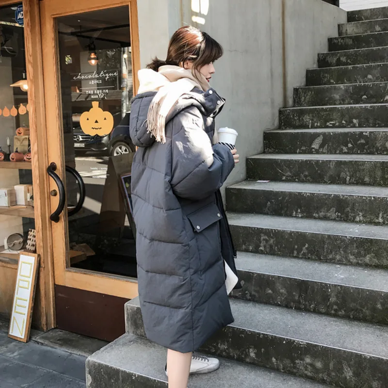 

2021 Loose Winter Clothes Womens Coat Down Padded Jacket Mid-length Hooded Stand Thicken Raglan Sleeves Straight Casaco Feminino