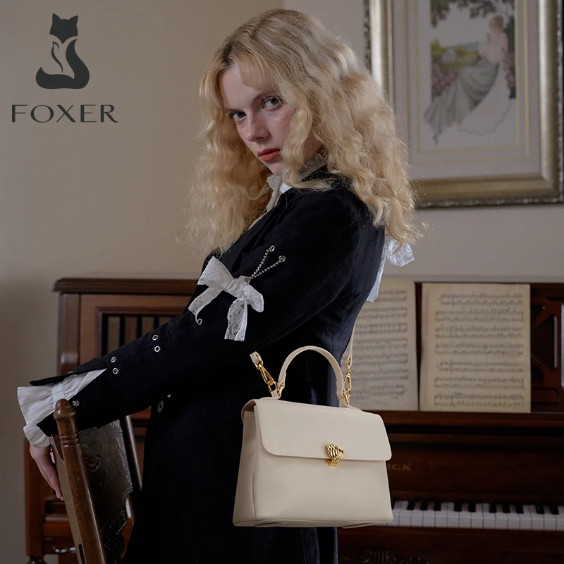 

FOXER Summer Leather Elegant Lady Handbag Casual Simple Shoulder Bag Large Capacity Lady Travel Messenger Bag Mother Bag Gift