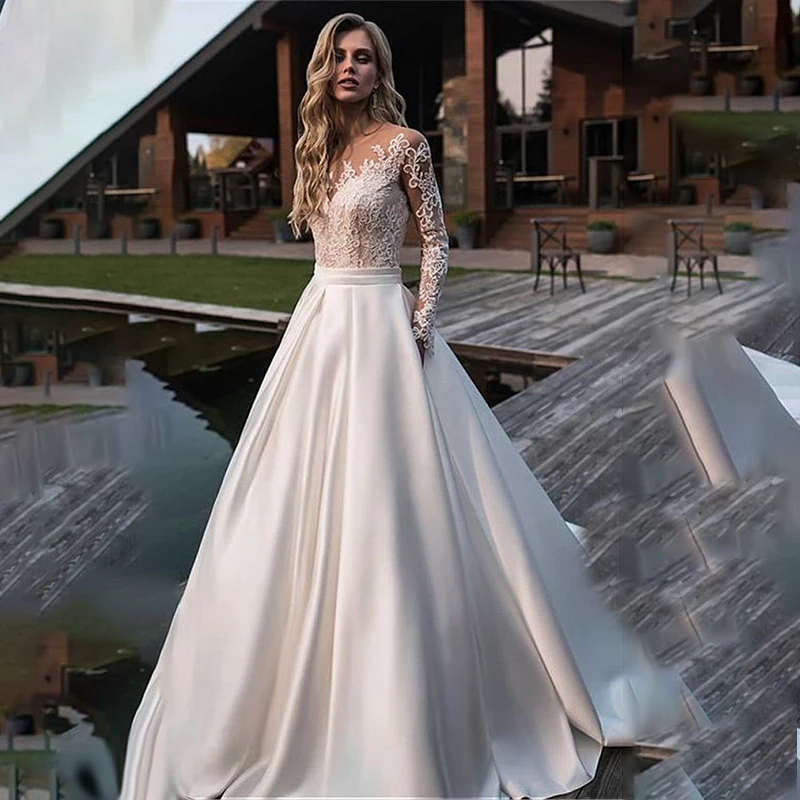 

Brilliant Matte Satin Jewel Neckline Bridal Gowns A-line Long Sleeves Wedding Dresses With Lace Appliques & Belt ; Pocket