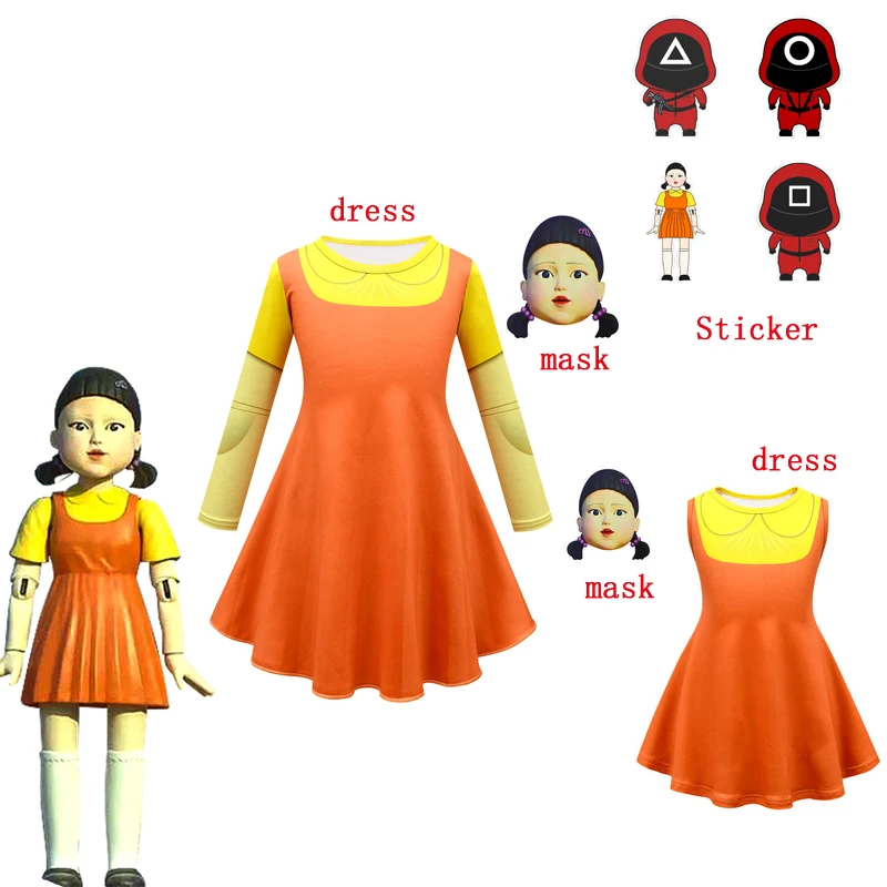 squid game fille 123 soleille Robot Doll Star Cosplay Yellow Girl Dress Halloween Costume For Kids Wooden Man COS Party clothing |