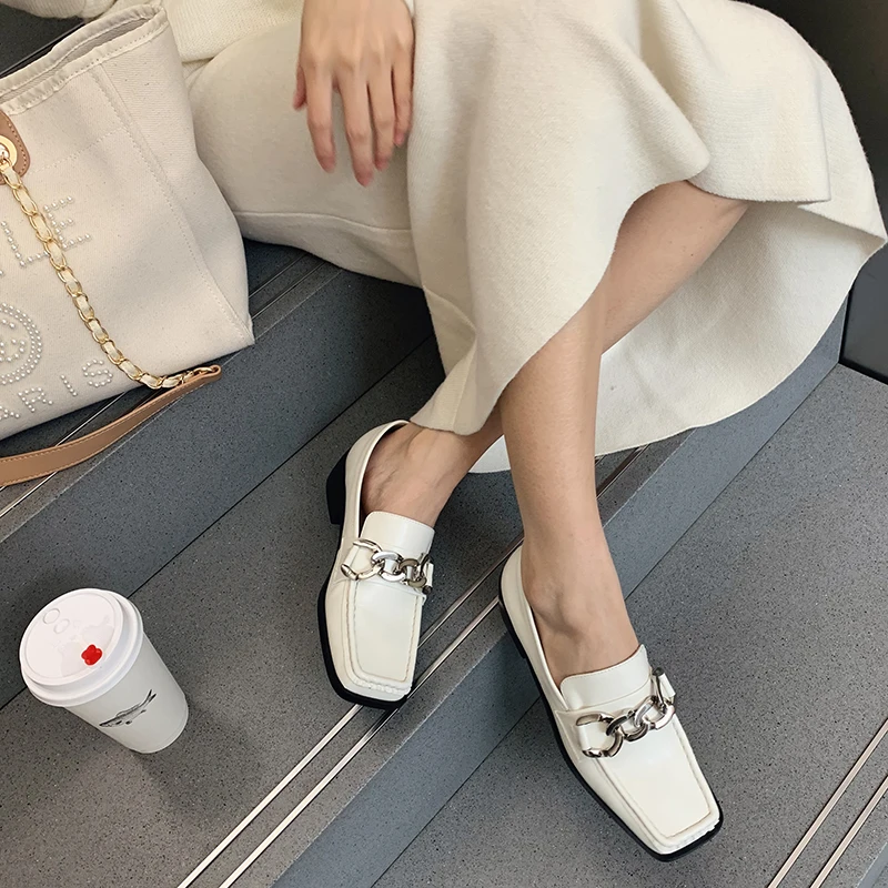 

WETKISS 2021 New Ins Genuine Leather Loafers Flats Women Square Toe Footwear Metal Chain Decor Casual Shoes Girl Fashion Shoes