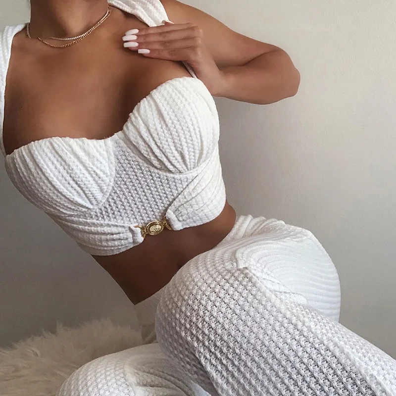 JaneVini Knitted Sexy Women Sleeveless Buckle Tank+Flare Long Pants Two Piece Sets Solid Crop Top Outfit Club Party Matching Set