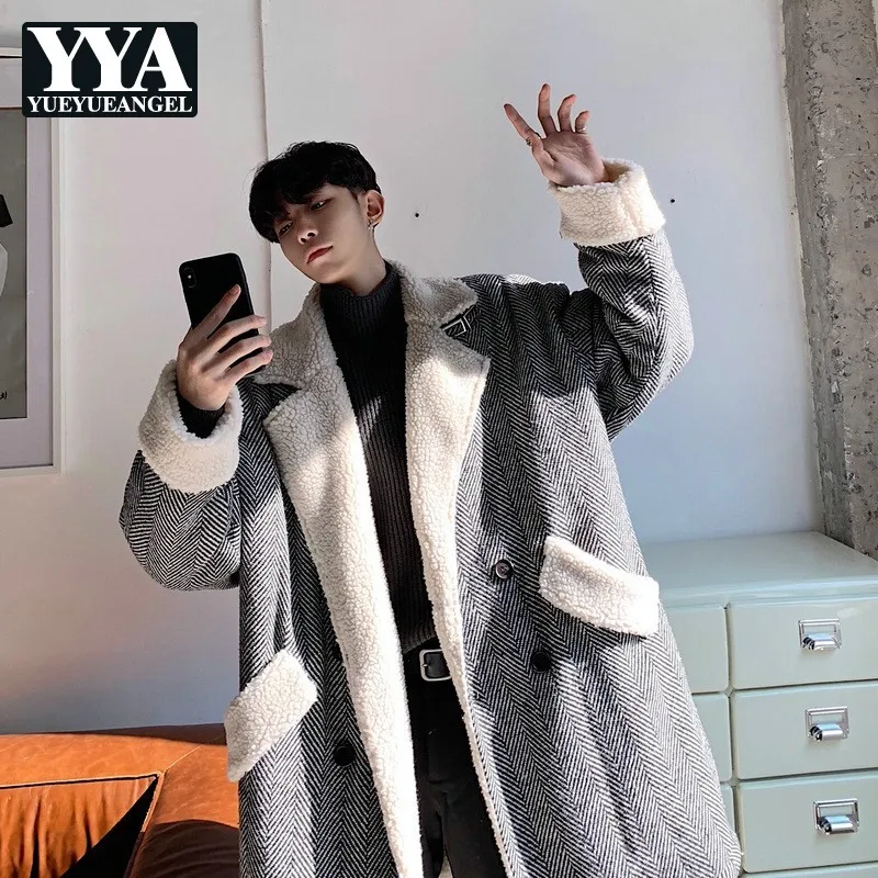 

Korean Double Breasted Mens Lambswool Lining Overcoats Long Sleeve Winter Warm Loose Fit Male Casual Medium Length Trench Coats