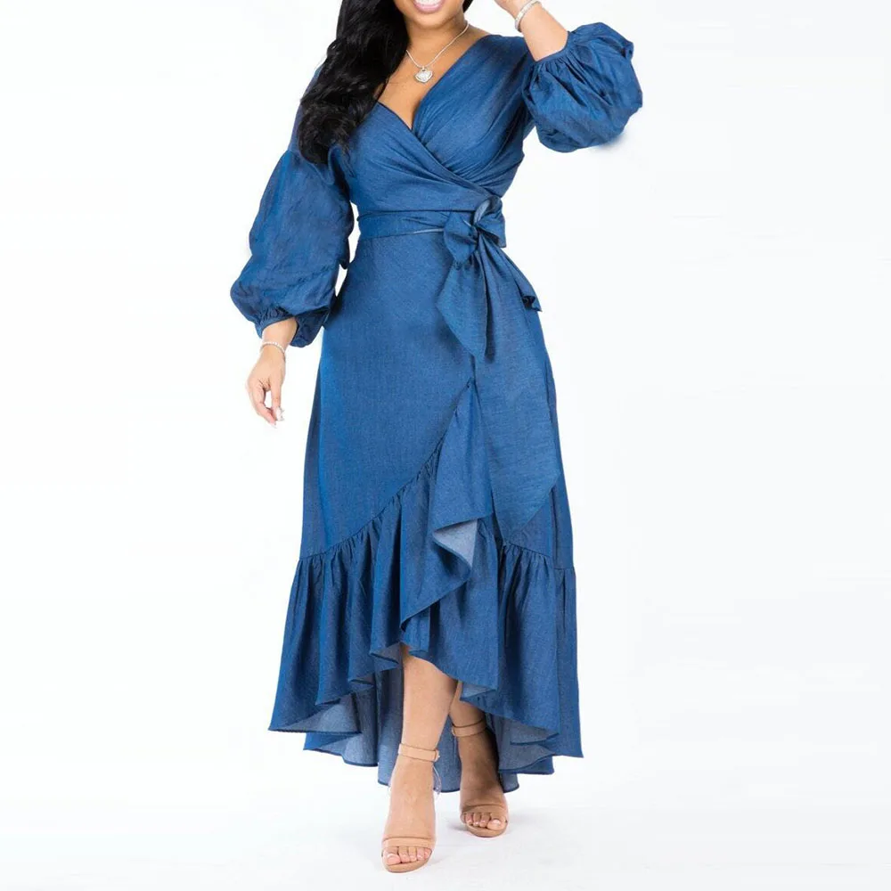 Женское джинсовое платье с длинным рукавом фонариком повседневное