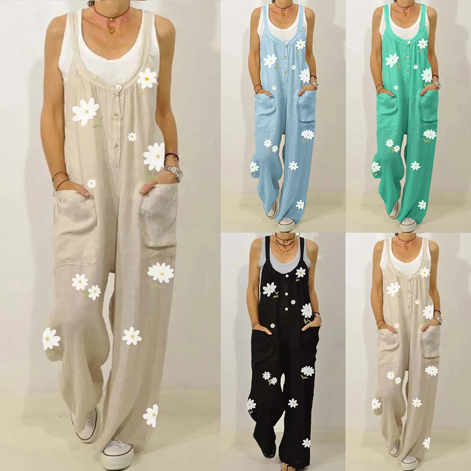 

2021 Summer Floral Print Jumpsuit Women Casual Straps O-Neck Rompers Pocket Long Jumpsuits Sleeveless Loose Plus Size Jumpsuit