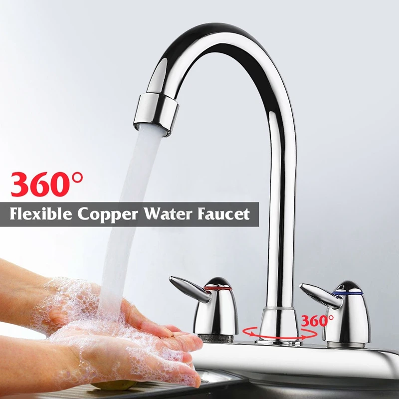 Поворотный кухонный кран для ванной комнаты хромированный с двумя ручками