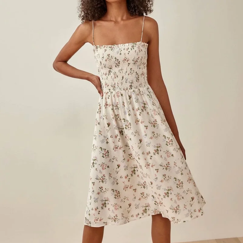 

Floral Print Smocked Bodice Midi Boho Dress for Women Draped Spaghetti Strap Sexy Party Dresses French Retro Dress Elegant
