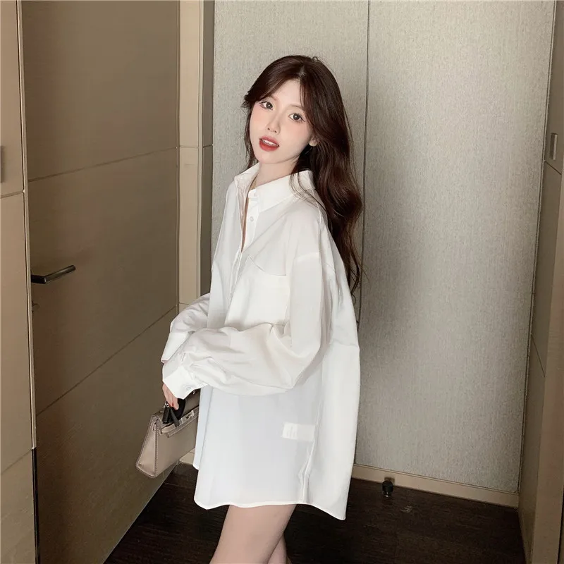 

Boyfriend Style Shirt Women's Spring 2021new Korean Style Loose and Idle Versatile Mid-Length Long Sleeve Thin Coat