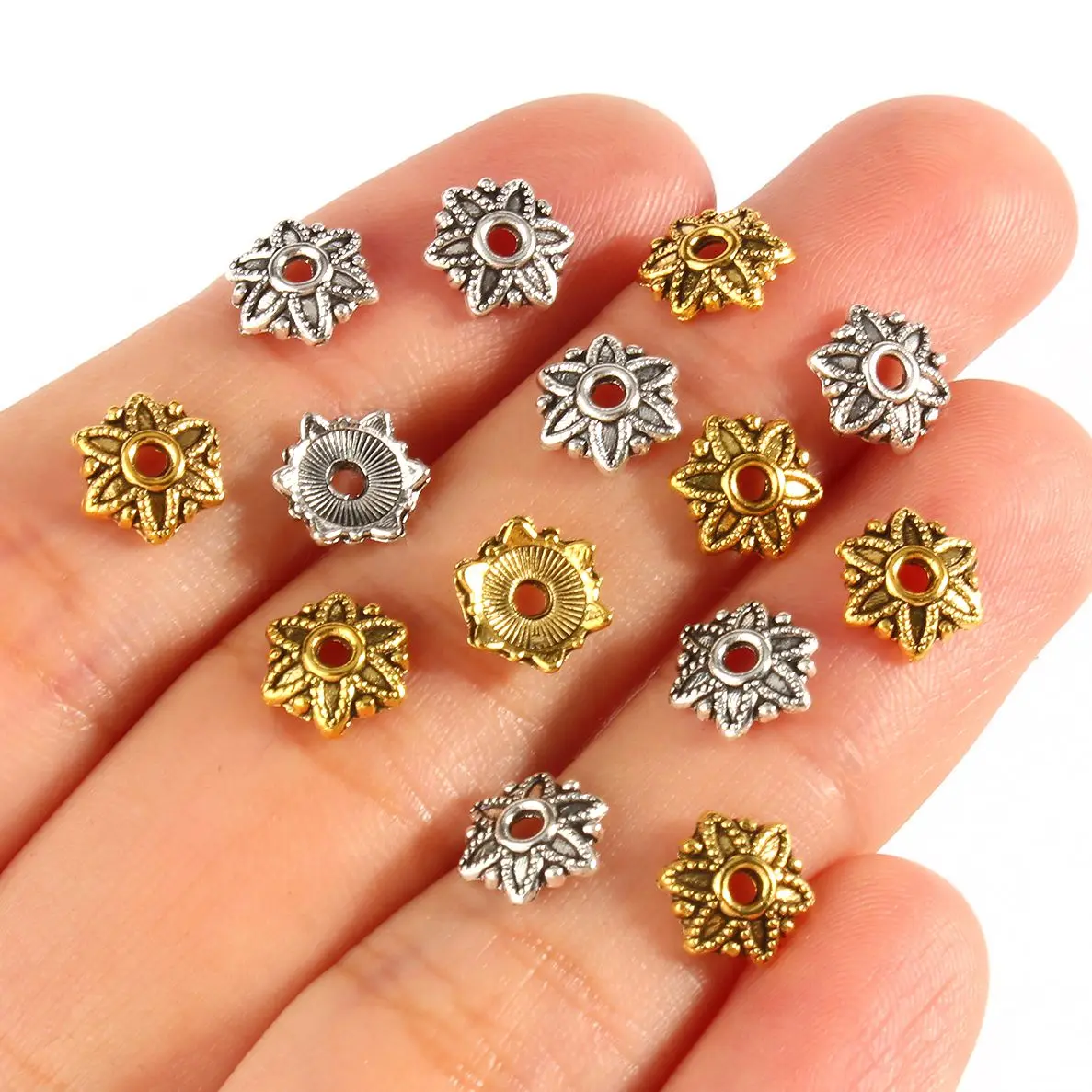 

100pc Tibetan Antique Silver Color Gold Flower Metal Spacer Beads End Caps for Jewelry Making Diy Needlework Finding Accessories