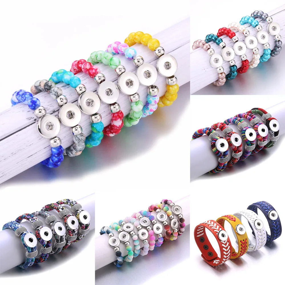 

10Pcs/Lot Mixed Style Color Beaded Bracelet 18MM Snap Button Jewelry Suitable for Women's Variety of Leather Bracelets Wholesale