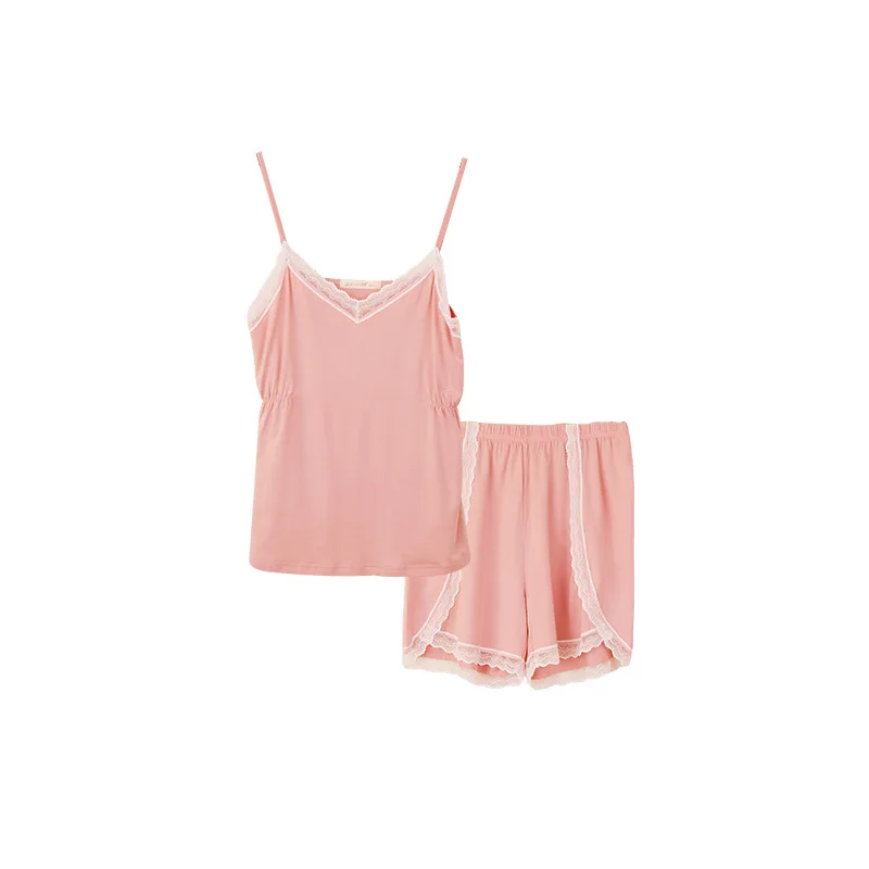 

2020 New Ladies Summer Strap Top and Shorts Set Sexy Sweet Lace Home Clothes Pink Purple Sleepwear