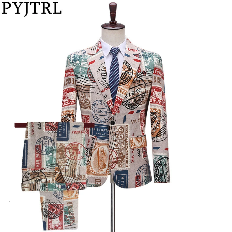 

PYJTRL Men Vintage Two-piece Set Suits Love New Paper Stamp Print Night Club Singers Prom Party Tuxedo Latest Coat Pant Designs