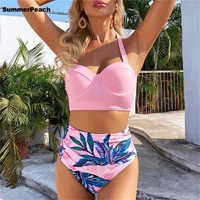 leaf floral bikini set women backless high waisted two pieces swimwear 2021 beach bathing suits swimsuits