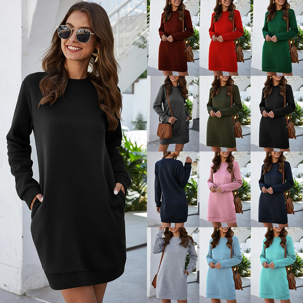 

Winter Women Casual Long Sleeve Solid Dress Fashion Crew Neck Pockets Autumn Sweatshirts Female 2020 Straight New Dress