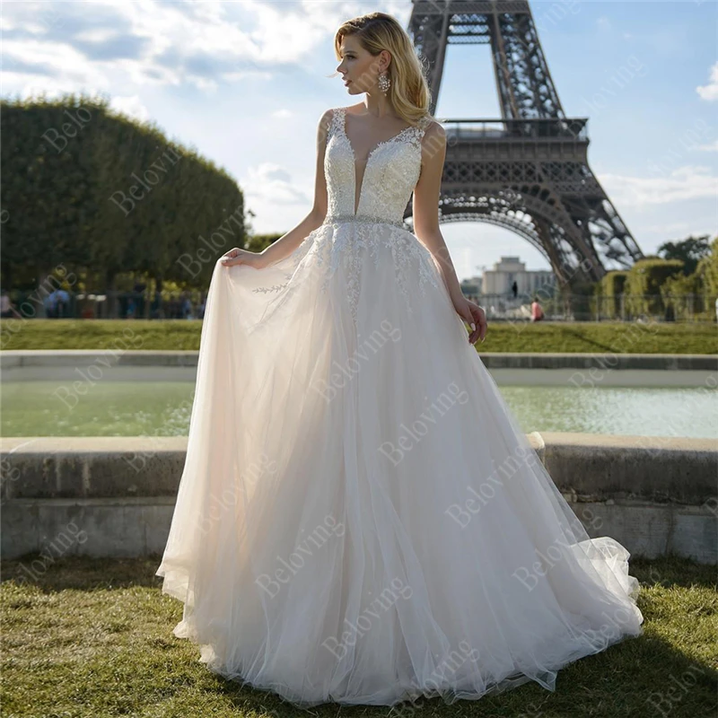 Женское свадебное платье без рукавов белое кружевное платье-трапеция с